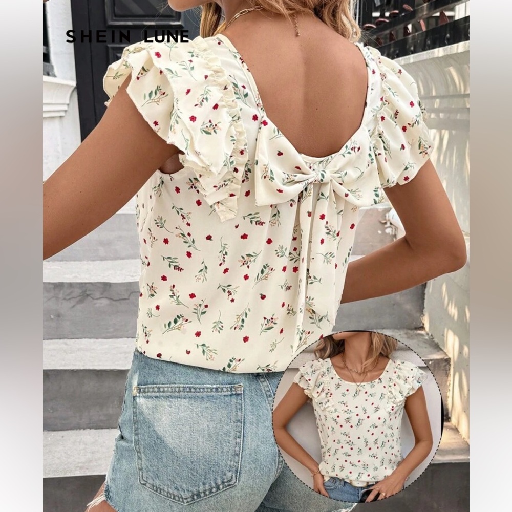 Layered Trumpet Sleeve Blouse with Bow Back